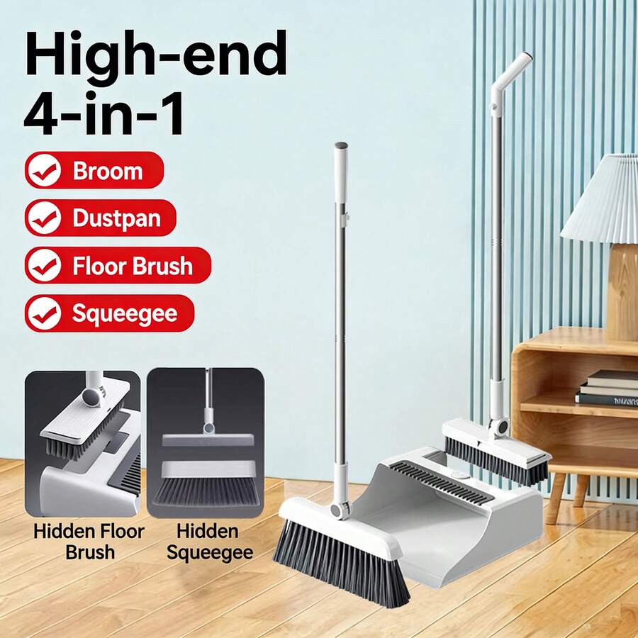 Broom And Dustpan, 4-In-1 Broom With Dustpan Combo Set Foldable And Rotating And Set With Long Handle For Home Office School Dorm - 四合一[隱藏式刮刀]掃把套裝白色 - 查看 1