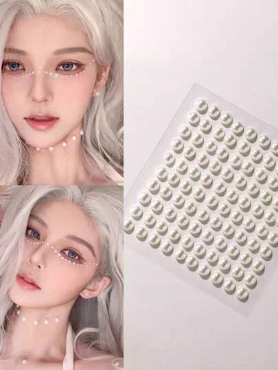 2pcs High Luster Pearl Face Stickers, 6mm Pearl Stage Makeup Stickers, Ancient Costume Wedding Transparent Pink Facial Decor, Children's Stage Performance, Festival Makeup, Self-Adhesive Suitable For Girls And Women