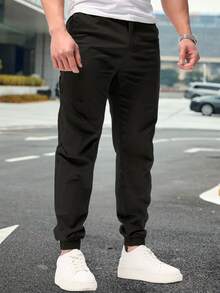 Shendy Vendy Pantalones Jogger Con Puños Y Cintura Elástica Con Cordón Y Bolsillos Inclinados Sueltos Para Hombre - Blanco y Negro - Ver 2