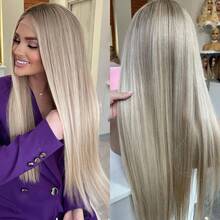 13x4 超高清透明蕾丝前假发，月光雾灰金渐变棕色，100% 真人发，180% 密度，即插即用，无需胶水，长直发，深色发根，灰金棕色，22 英寸 - SP27/613 - 查看 12