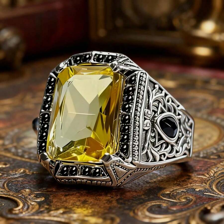 Classic Retro Yellow Men's Ring Silver Carving Logo Pattern Steampunk Ring Birthday Gift Party Gothic Jewelry Gift - Three-diameter Cassette - View 1