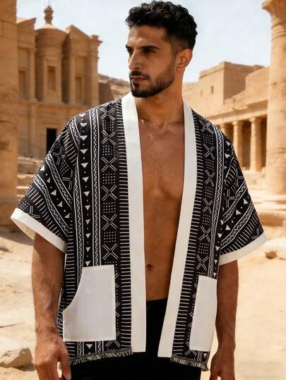 Men's Black & White Floral Fringe Kimono - Bohemian Style Design, Loose Fit Jacket, Fashion Versatile, Suitable For Holiday Looks, Boho Adventures And Casual Daily Wear, Gift For Men