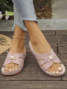 Damen Sandalen in Große Größen, Sommer Neue Mode Lässig Weinrot & Schwarz Patchwork Runde Zehenkappe Plateau Dicke Sohle Slip-On, Komfortabel für Alltag/Strand - Rosa gefrostet - Übersicht 7