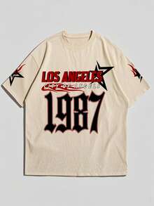 Men's Round Neck Short Sleeve Printed Casual Top, Daily Wear - Apricot - View 6