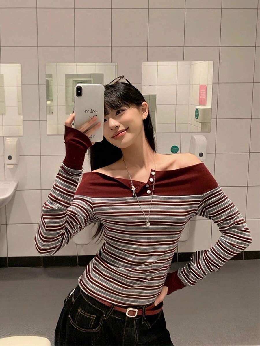 American Contrast Stripe Off-Shoulder Long Sleeve T-Shirt, Slim Fit Elegant Women Top For Early Spring - Burgundy - View 1