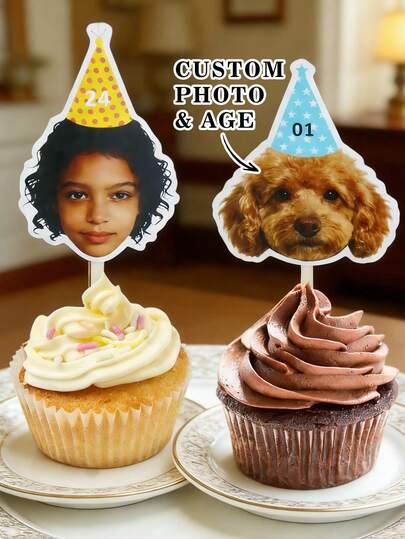 Custom Photo Cupcake Toppers, Birthday Cakes And Party Decor, Personalized Face And Age Cake Picks For Dessert Tables, Customized Celebration Cake Decorations For Family Moments And Friend Gatherings, Customizable Name And Number Design, Pet Picture