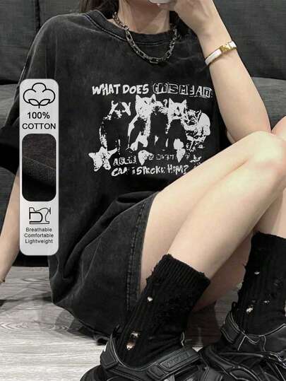 Vintage American Animal & Letter Print Loose Casual T-Shirt, Unisex Couple Matching Tee, Spring/Summer