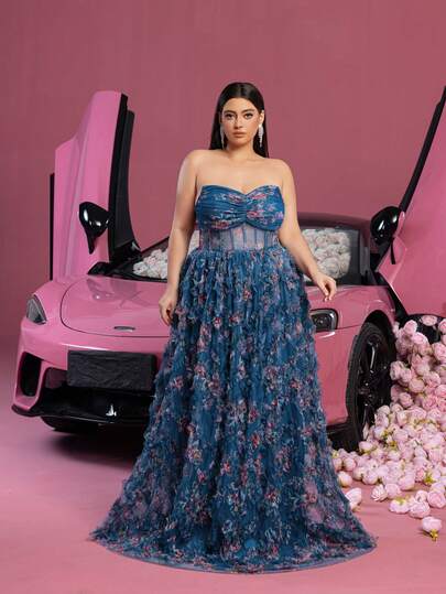 Faeriesty Elegant Strapless Mermaid Cut Dress, With Fitted Bodice, Layered Tulle Skirt, And Back Tie Detail, Suitable For Wedding Photography, Garden Bride Portraits, Engagement Shoots, Floral Themed Editorials, And Formal Outdoor Ceremonies