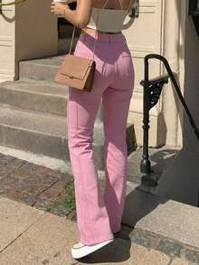 Women's Y2K Flared Jeans With Pockets Casual Spring Pink - Pink - View 4
