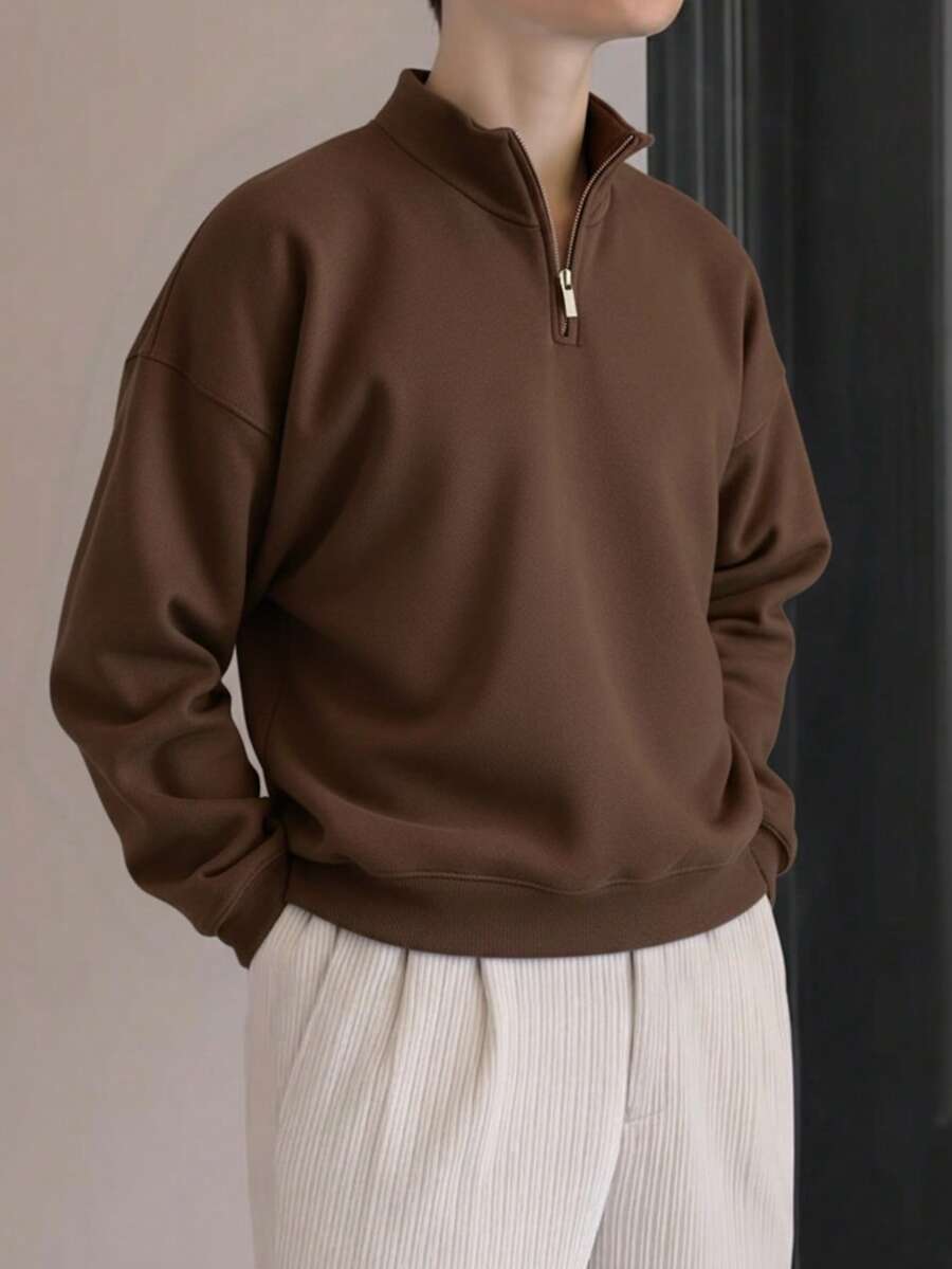 Herrtröja med stående krage och dragkedja, mångsidig och långärmad för vardagsbruk - Chokladbrun - Visa 1