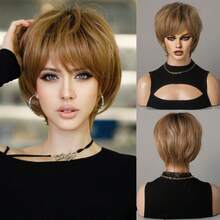 7JHH WIGS 8英寸棕金色精灵短假发，女士款 - 优雅超短层次假发，带刘海，耐热合成纤维材质，适合日常佩戴、音乐节庆典等场合。也可用于动漫或角色扮演。 - 漸層棕色 - 查看 13