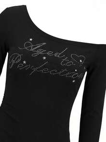 Retro American Baddie Asymmetrical Letter Rhinestone Embellished Long Sleeve T-Shirt, Slim Fit Oblique Shoulder Blouse For Early Spring - Black - View 8