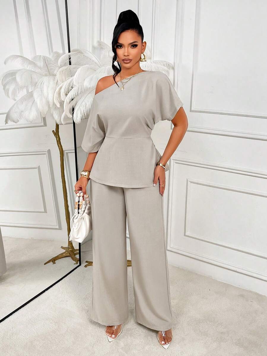 AIJ Amarilo 女士灰色优雅夏季派对两件套，不对称领口蝙蝠袖阔腿裤，适合度假、婚礼和外出穿着 - 杏色 - 查看 1