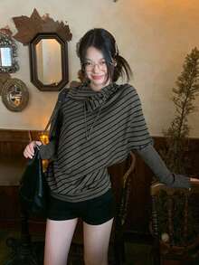 时尚蝙蝠袖宽松针织毛衣上衣，非常适合初秋穿着 - 灰色 - 查看 5