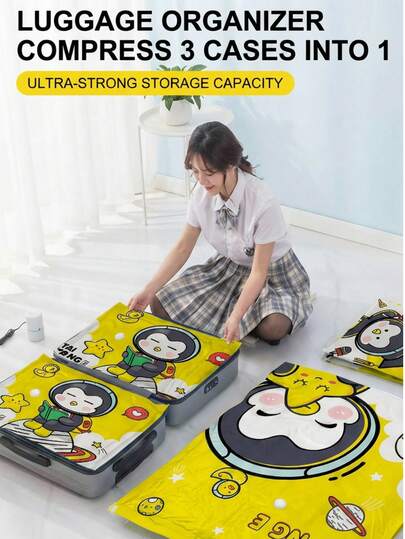 1pc Portable Travel Storage Bag, Multi-Size, Large Capacity Compression Bag, Cute Penguin Pattern, Yellow, Reusable Vacuum Bag, Foldable Storage Cube, Printed Luggage Bag, Dust-Proof, Moisture-Proof, Moth-Proof, Space-Saving, Suitable For Clothes, Blankets, Shirts, Bedding, Bedroom, Closet, Bathroom, Outdoor Gear, Home Organization, Back To School, Travel Essentials