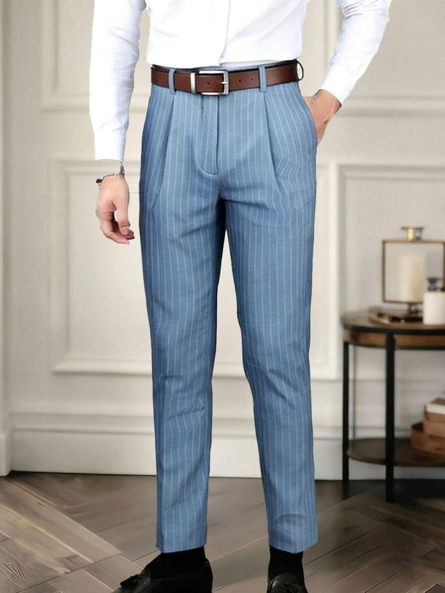 Men Striped Print Suit Trousers - Dusty Blue - View 1