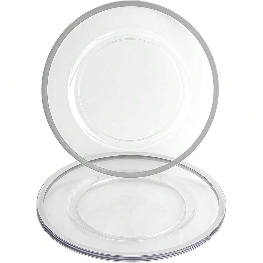 PARTY BARGAINS 13-Inch Charger Plates - 4 Pack, Clear Silver Rim, Heavy-Duty Disposable Chargers For Elegant Dining - Ideal For Weddings And Formal Events - 銀邊 - 查看 1