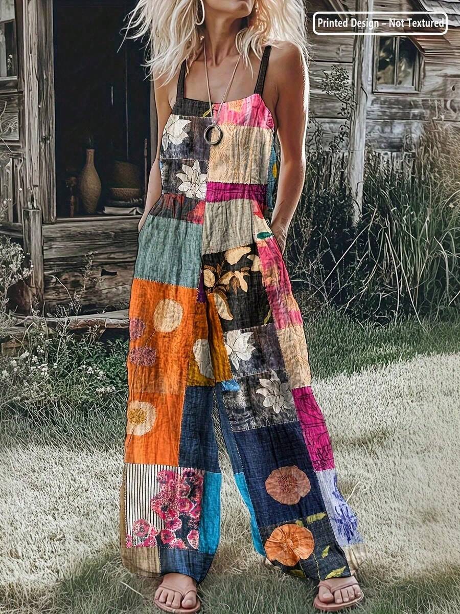 Women's Boho Patchwork Print Jumpsuit: Sleeveless Wide Leg Romper For Music Festivals, Beach Vacations & Summer Parties - Coachella Style & Bohemian Fashion. - Màu sắc hỗn hợp - Xem 1