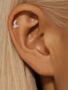 EleRunis 1PC 0.1ct Moissanite Diamond 925 Sterling Silver Star Heart Asymmetrical Evil Eye Stud 18K Gold Plated Flat Back Cartilage Helix Piercing Bridal Jewelry For Daily Wear Wedding Party Engagement Anniversary Valentine's Day - Silver - View 8