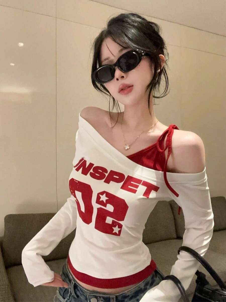 美式街頭風不對稱領拼接色塊 2-in-1 長袖 T-shirt，甜辣女孩印花修身女款上衣，適合夏季與秋季 - 白色 - 查看 1