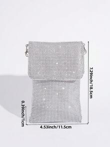 حقيبة مساء مزينة بالراين لامع، حقيبة كتف متقاطعة بسلسلة للفستان الحفلات، حقيبة هاتف - فضي - مشاهدة 4