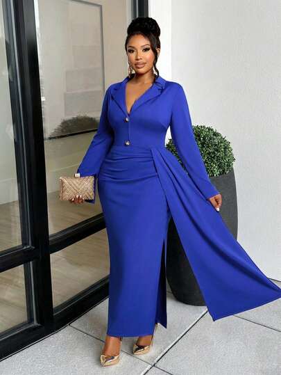 BIUBIU Elegant Fitted Blue Plus Size Long Sleeve Knit Dress With Side Slit
