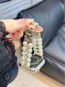 Band Suitable Compatible With Apple Watch 9 Ultra, Mother-Of-Faux Pearl Beaded Bracelet, 41mm Band, Creative Design - Space Gray - View 7