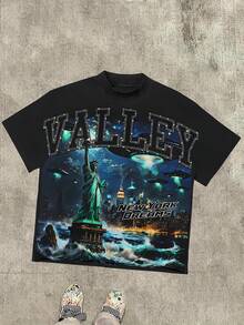 Black Bright Len Flame Glasses Patterned Print Boys' Summer Crew Neck Short-Sleeve Casual Cotton T-Shirt. Dark Streetwear Style. Slightly Stretchy, Soft, And Comfortable. The Perfect Gift Choice. - 黑色 - 查看 1