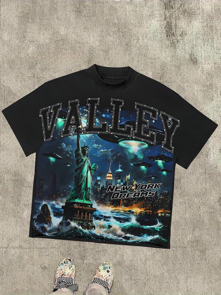 Black Bright Len Flame Glasses Patterned Print Boys' Summer Crew Neck Short-Sleeve Casual Cotton T-Shirt. Dark Streetwear Style. Slightly Stretchy, Soft, And Comfortable. The Perfect Gift Choice. - 黑色 - 查看 1