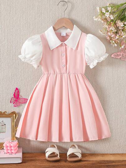 Summer Casual Dress For Young Girls, Collegiate Style, Pink Solid Color Puff Sleeve Turndown Collar Button Half-Placket, Fashion Minimalist Sweet Girls Pleated Dress, Suitable For Daily Outdoor Activities And Parties