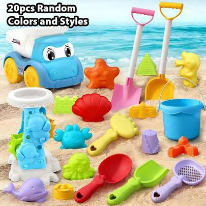 20pcs Kids Beach Toys Set, Including Sand Vehicles, Digging Toys, Beach Buckets, Shovels, Etc. Summer Beach Gift For Children, Suitable For Outdoor Sand Play, Random Colors And Styles.