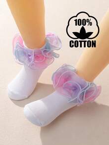 1双棉质女婴袜子，带大蕾丝花边，公主芭蕾舞袜 - 彩色 - 查看 12