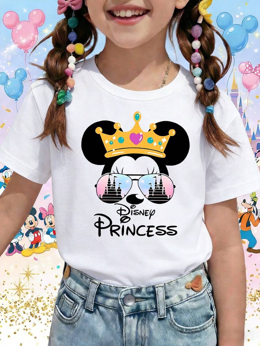 Disney Princess Minnie Mouse Crown Sunglasses Castle Reflection Printed Pattern T-Shirts For Girls - Children's Clothing Design Short-Sleeved Casual And Cute Style Comfortable And Casual Wear All Year Round Suitable For Parties And Play Machine Washable Gift Children's Clothing Girls' Short-Sleeved Shirts - trắng - Xem 1