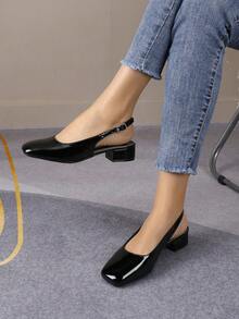 黑色漆皮方头露跟鞋，低跟，百搭款式，适合通勤、约会、日常穿着。耐用漆皮，柔软鞋底，透气不伤脚。 - 黑色 - 查看 2