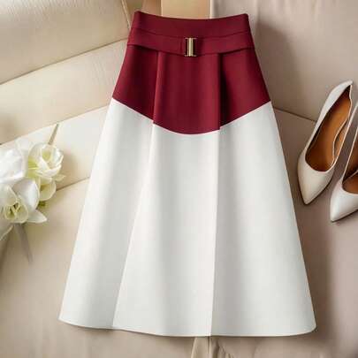 Solid Color A-Line Skirt, Casual Zipper Waist Belt Office Wear