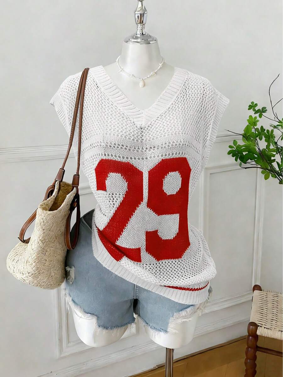 Áo tank top nữ cổ chữ V, chất liệu lưới, dáng rộng, in số, kiểu dáng retro Mỹ, phong cách Y2K, thích hợp cho đạp xe, yoga, thể thao mùa xuân/hè. - Nhiều màu - Xem 1
