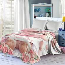 1pc Customizable Teddy Bear Themed Blanket, Watercolor Painting Style With Cute Pink Bear, Bow, Rose And Floral Elements, Made Of Knitted Flannel Fabric With Digital Printing, Comfortable And Warm For All Seasons, Suitable For Sofa, Bed, Travel, Camping, Office - Easy Care, Great For Resting, Camping And Travel - 彩色 - 查看 6