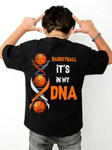 1pc Basketball Graphic Print Short Sleeve T-Shirt, Tween Boy Casual Summer - Black - View 3