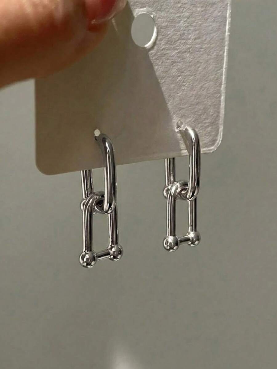 一对朋克风双U形环耳环，粗金属链扣耳饰，个性十足的礼物，简约U形链坠耳环，几何链条吊坠耳环，适合女性日常佩戴 - 彩色 - 查看 1