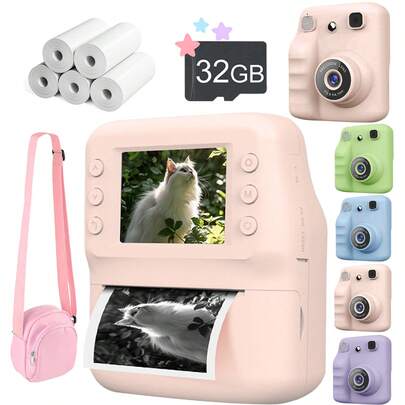Bộ máy ảnh in ảnh tức thời cho trẻ em, phù hợp cho bé trai và bé gái từ 3-12 tuổi, zoom kỹ thuật số 16X, màn hình IPS 2.4 inch, có thể sạc lại, chụp ảnh chuyên nghiệp, độ phân giải HD 1080P, kèm 1 giấy in, đồ chơi in ảnh tức thời, quà Giáng sinh & Sinh nhật, phù hợp cho trẻ em và thanh thiếu niên từ 3-16 tuổi, màu hồng.