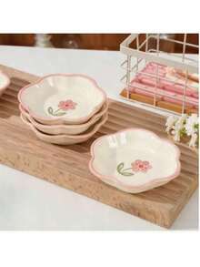 4件套可爱花卉图案陶瓷蘸酱碟，手绘釉面，家用调味碟，小碟，优雅蘸酱碗，复古餐具，适用于厨房、客厅、餐厅、酒店，厨房配件，馈赠亲朋好友的完美礼物 - 彩色 - 查看 6