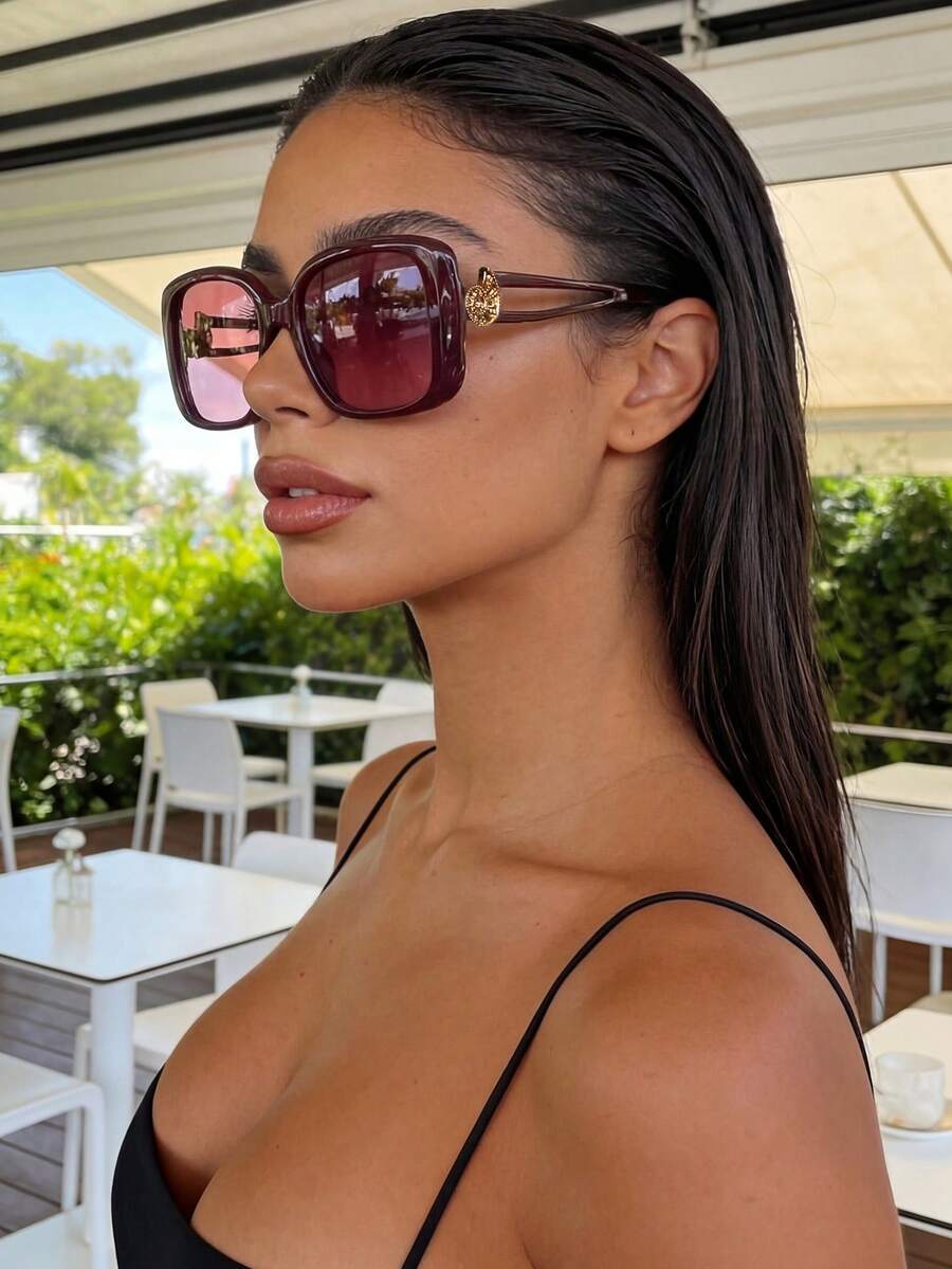 Burgundy Square Oversized Sunglasses, Suitable For Wide Faces, Plastic Retro Fashion Eyewear, Classic Design For Outdoor Travel Beach Vacation Casual Wear, Summer UV Protection Driving Glasses Unisex - 酒紅色 - 查看 1