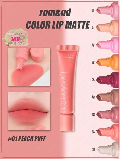 Rom&nd 1 pieza Barra de labios mate 01 Rubor de melocotón, textura de mousse ligera, efecto ombre iridiscente, acabado espejo no pegajoso, tono cálido que ilumina el cutis, duración de 12 horas, fácil de aplicar en capas, cuidado suavizante con ácido hialurónico, barra de labios romántica portátil, ilumina instantáneamente para la oficina, enfoque suave listo para la cámara, maquillaje coreano, 8g/0.28oz