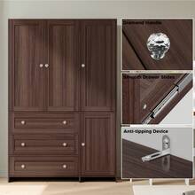 VOWNER 31.5"/ 47.3" Armoire Wardrobe Closet With Mirror, 3 Large Drawers & 2 Doors, Modern Clothes Storage Organizer Cabinet For Bedroom, Walnut / Grey Oak - 胡桃色 - 查看 7