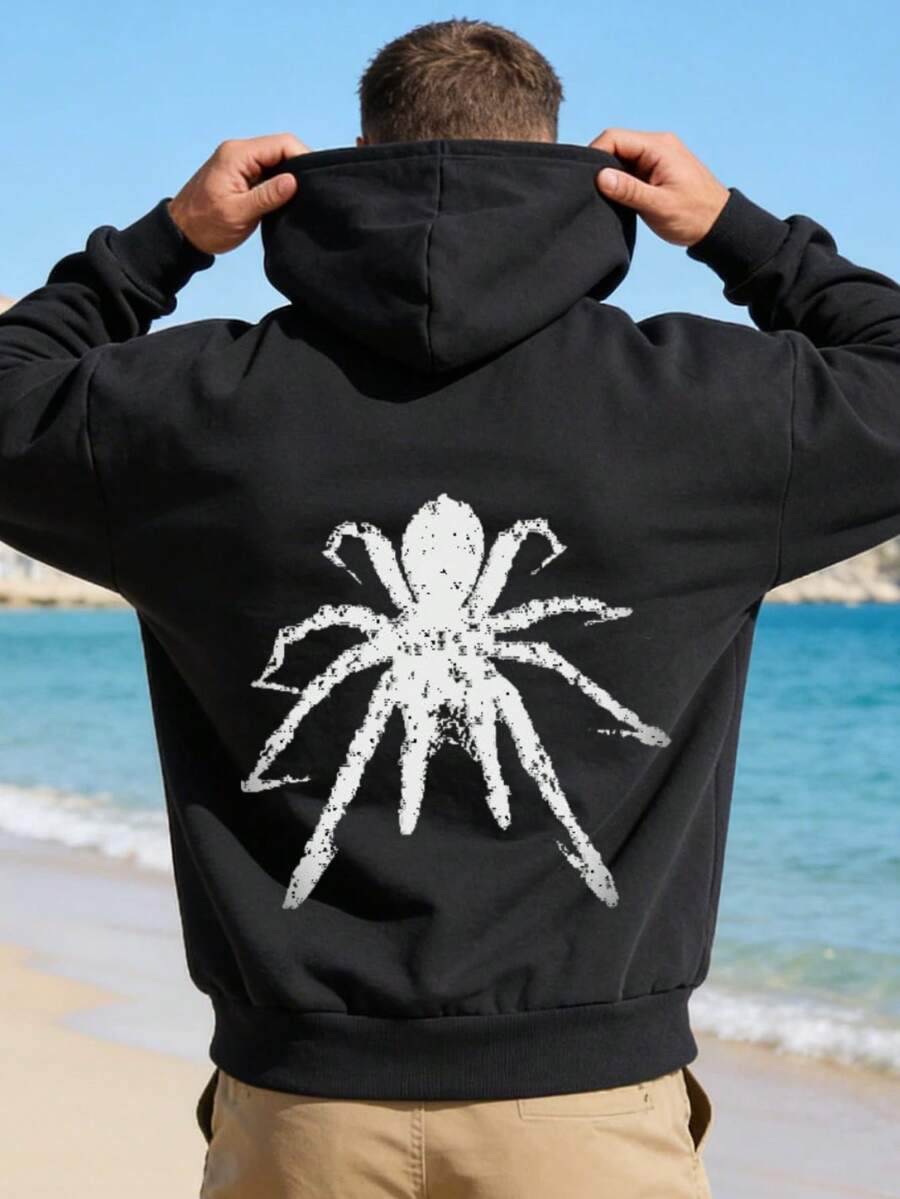 Áo Hoodie Nam - Họa tiết nhện bạc màu, kiểu dáng rộng rãi, phong cách đường phố thường ngày, lý tưởng cho thanh thiếu niên và người lớn, hoàn hảo cho mùa thu/đông, thiết kế thoải mái và đa năng, phù hợp cho mặc hàng ngày hoặc các lễ hội âm nhạc, một món đồ thời trang độc đáo. - màu đen - Xem 1