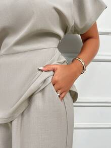 AIJ Amarilo Women's Fashion Woven Cotton-Linen Blend Asymmetrical Neck Batwing Sleeve Top & Wide Leg Pants Two Pieces Set – Ideal For Spring Break, Wedding Guest, Office & Spring Party Looks - Apricot - View 7