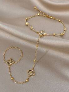 1 chiếc vòng tay mạ vàng 18K hình cỏ bốn lá thanh lịch đính đá Zirconia, vòng tay nữ bằng thép không gỉ, thích hợp cho Ngày Valentine, tiệc tùng, các dịp trang trọng, đeo hàng ngày, hẹn hò, lễ hội, năm mới, đám cưới, đi biển, Giáng sinh, kỷ niệm, quà tặng Ngày của Mẹ trang nhã, trang sức phong cách Bohemian, quà tặng cho phù dâu. - Vàng - Xem 2