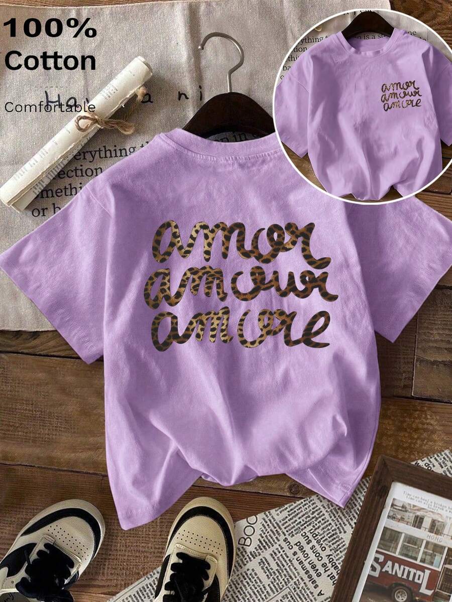 Women's Casual Purple Cotton T-Shirt With Leopard Print 'Amor Amour Amore' Graphic, Short Sleeve Round Neck Rib-Knit Top For Everyday Wear,Outdoor,Y2k - Lan Zi - View 1