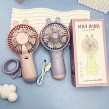 Ventilador portátil de oído de conejo con soporte para móvil, modelo recargable, mini ventilador de tres velocidades ajustables en la mesa. - Rosa Pálido - Ver 4