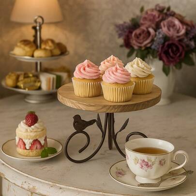 Suporte Boleira Decorativa Ferro com Madeira Pinus Rústica Pequena para Mesa Bolo Doces